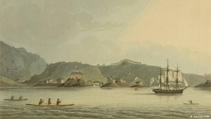 Шлюп Нева у берегов острова Кадьяк. Рисунок Юрия Лисянского