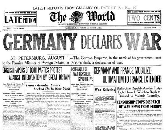 The front page of the Aug. 1, 1914 Vancouver World featuring the declaration of war between Germany and Russia, which sparked the First World War. The headline was in red; this copy is from microfilm. For John Mackie [PNG Merlin Archive]