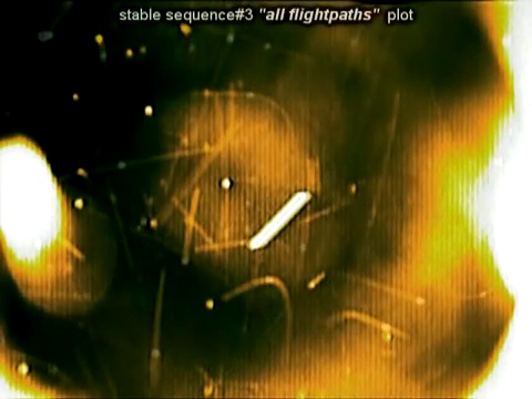 Рис. 1. Анализ траекторий объектов, окруживших фал (яркий «отрезок» в центре кадра) и «потерянную» энергоустановку TSS- 1R (Tethered Satellite System) 25 февраля 1996 года.